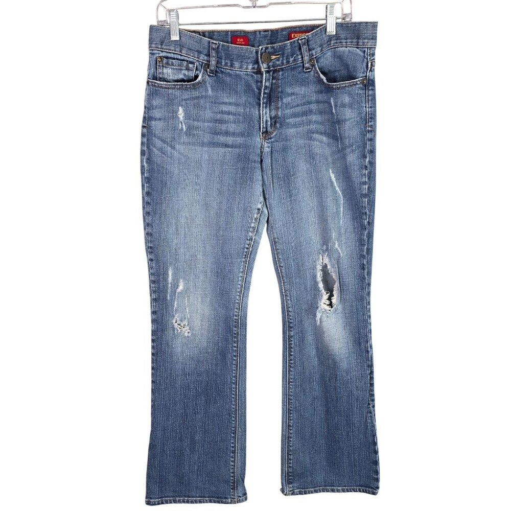 Womens Express Blue Denim Jeans Eva Bootleg Distressed Vintage Wash Size 10R